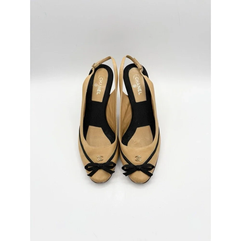 Chanel Beige Slingback Heels Black Bow Ribbon Accent CC Logo Vintage Sz EU 38